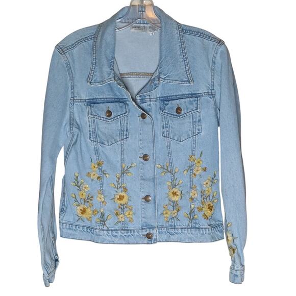 Vintage 90’s Newport News Womens 10 Denim Jacket Yellow Embroidered Flowers - Picture 9 of 9